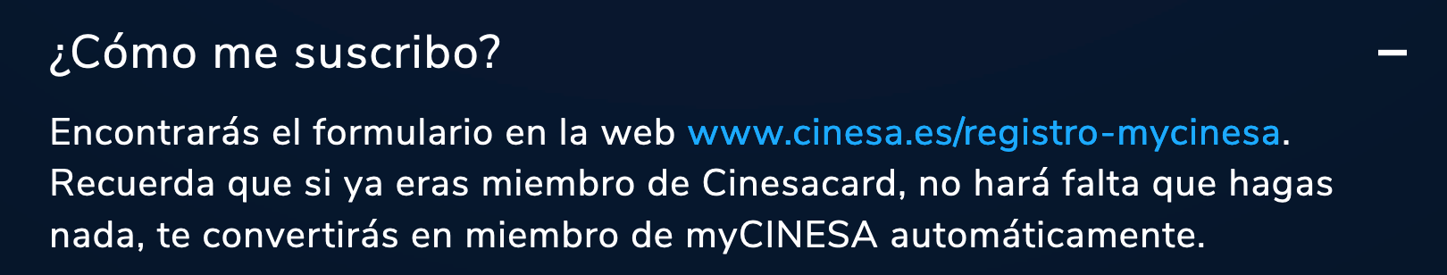 Enlaces internos en la página FAQ de Cinesa