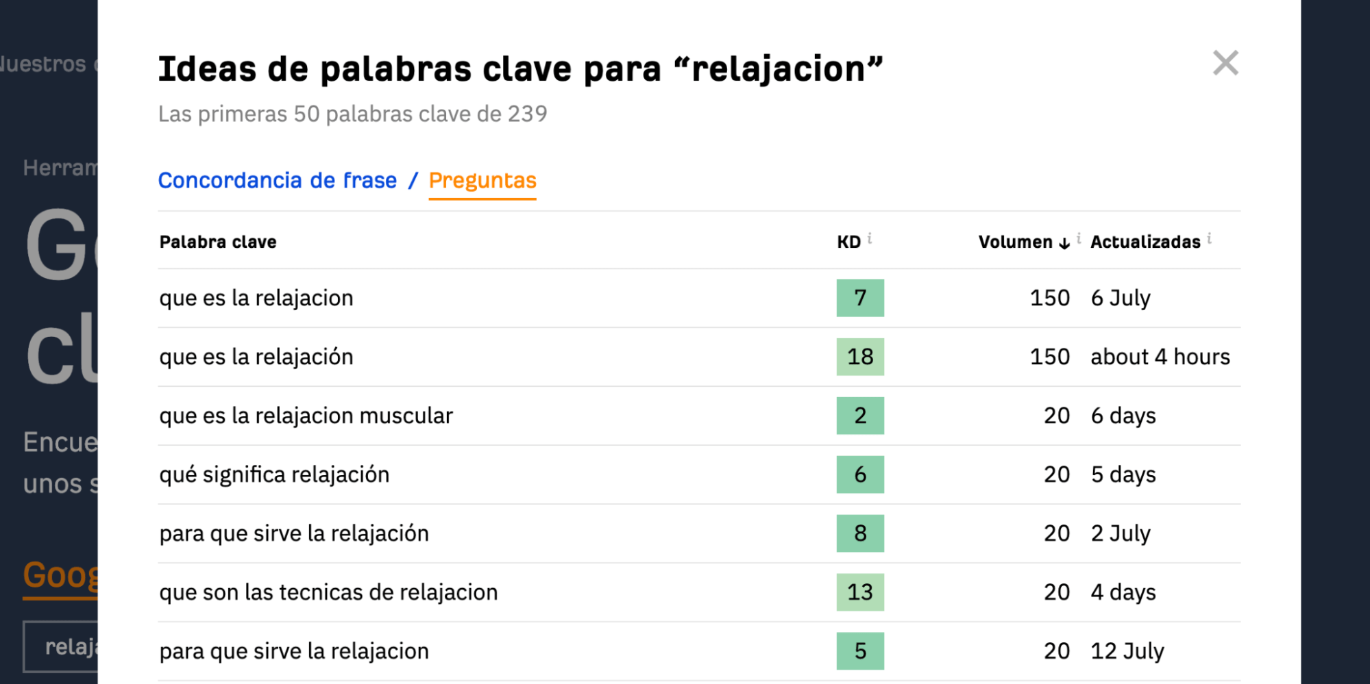 Ideas de palabras clave en generador de palabras clave de Ahrefs
