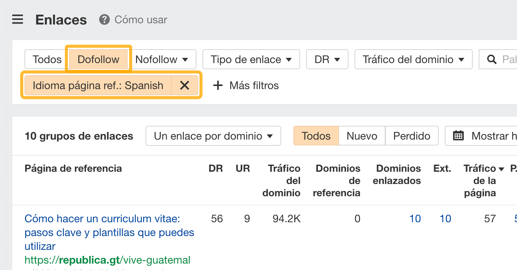 Informe de Enlaces, con filtros, a través del Site Explorer de Ahrefs.