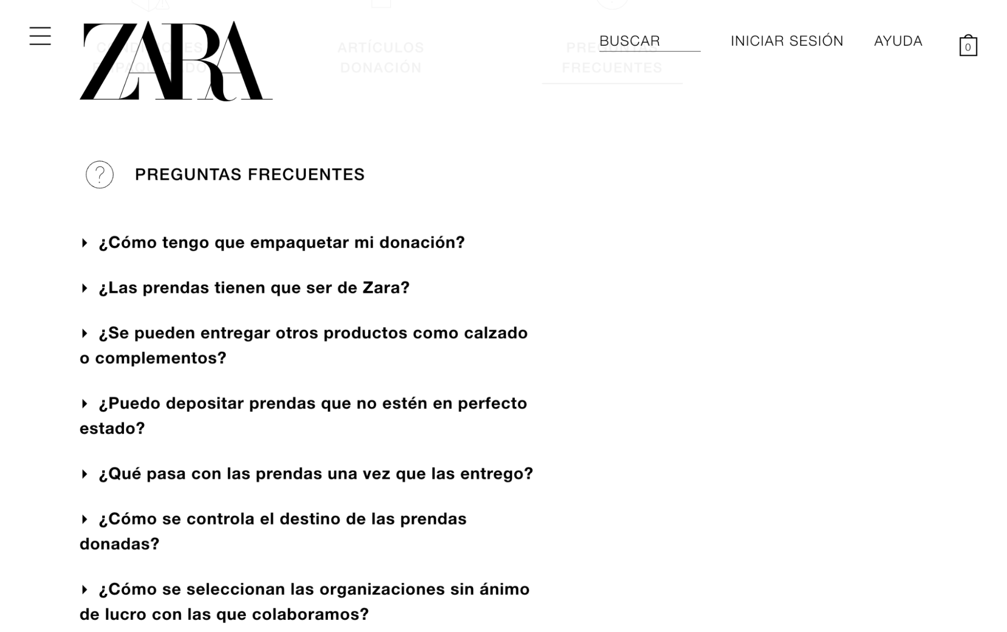 Página de preguntas frecuentes de Zara