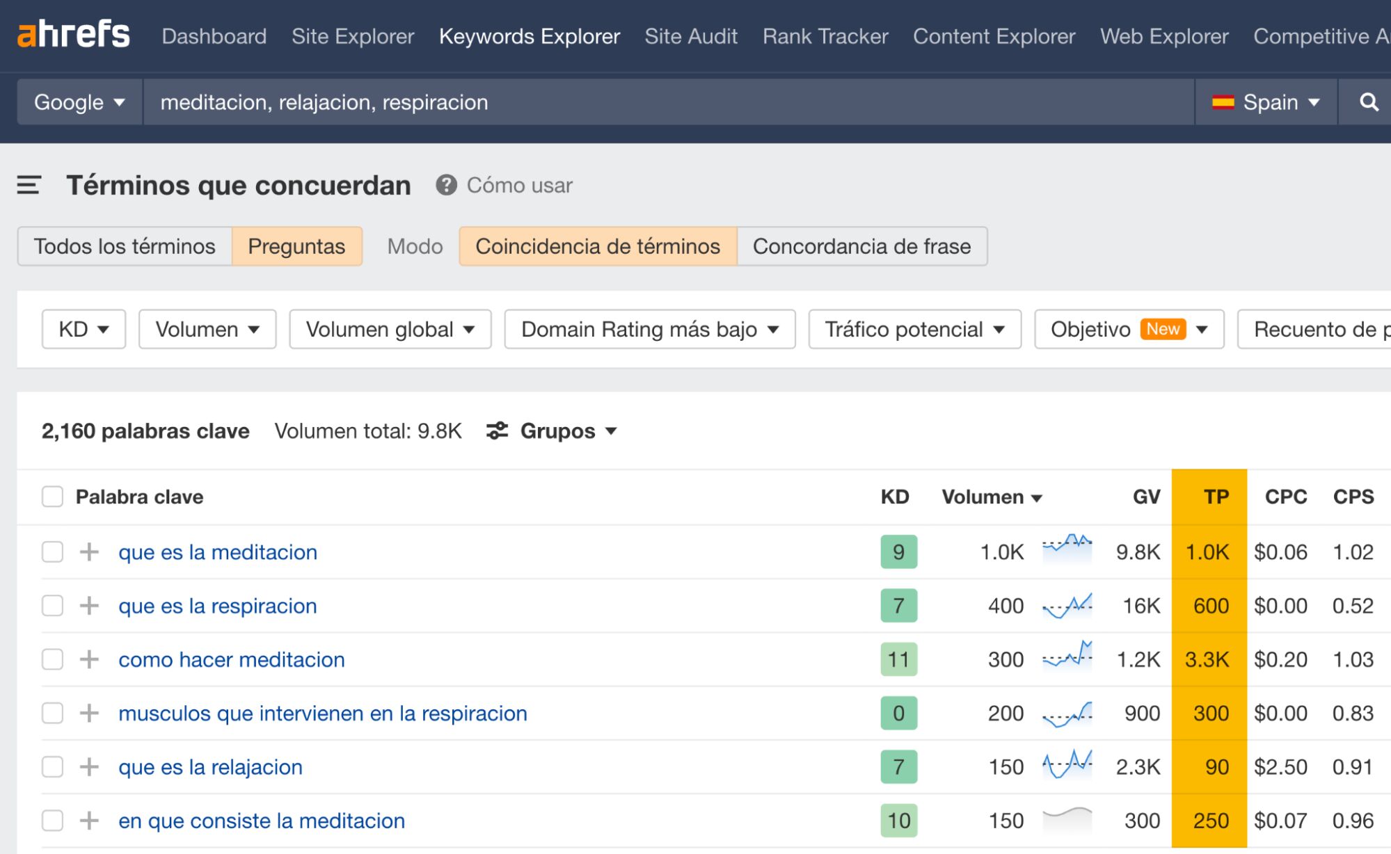 Informe de Términos que concuerdan del Keywords Explorer de Ahrefs.