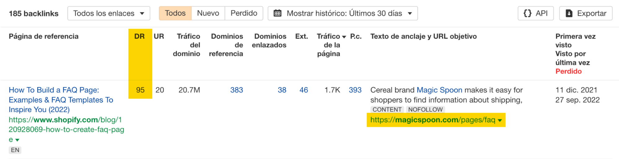 Backlinks de una URL en Site Explorer de Ahrefs