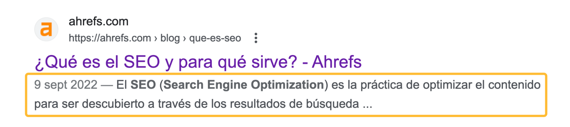 Ejemplo de meta descripción en las SERP.