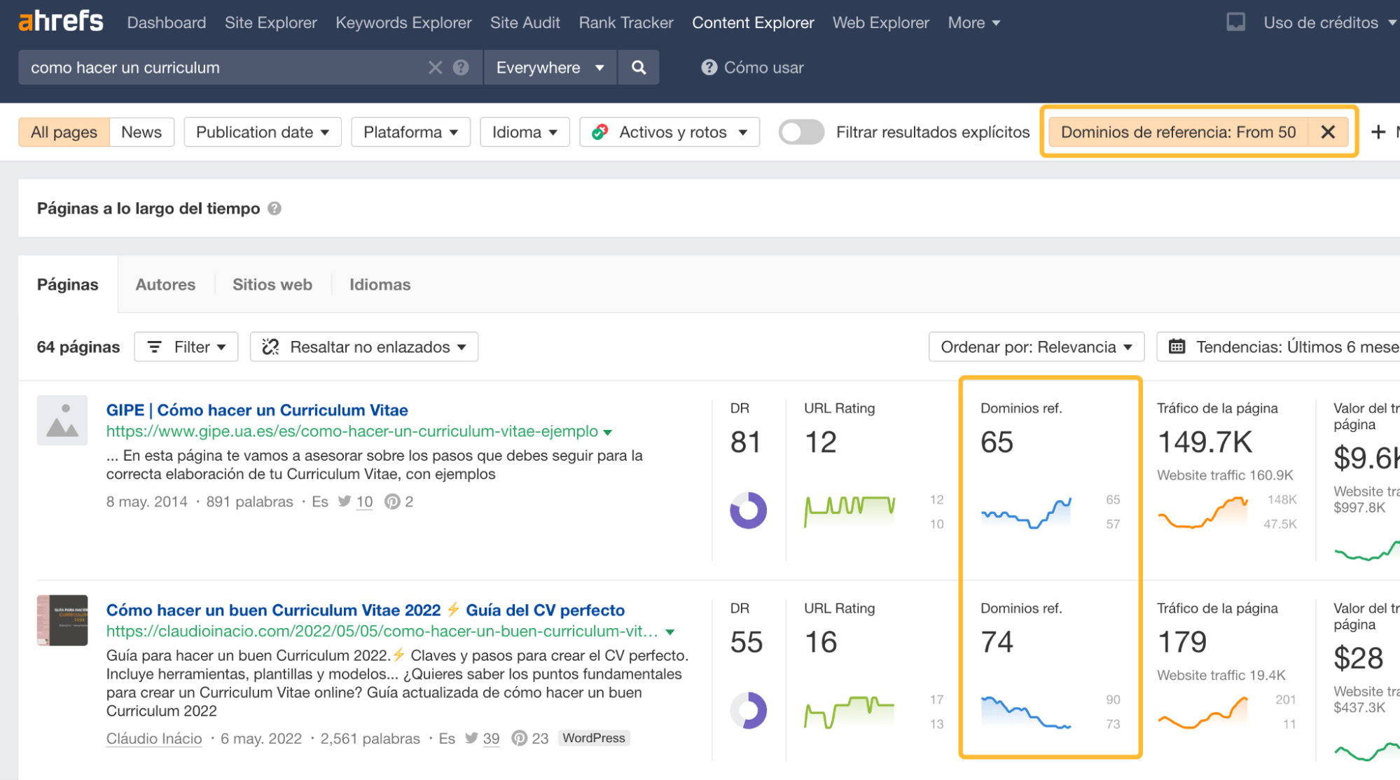 Filtro Dominios de referencia en el Content Explorer de Ahrefs.