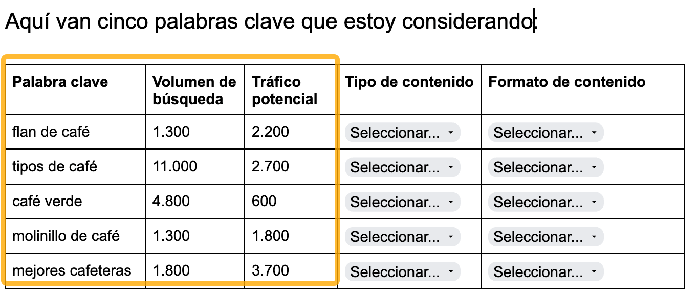 Registrando ideas de palabras clave en la plantilla de plan SEO