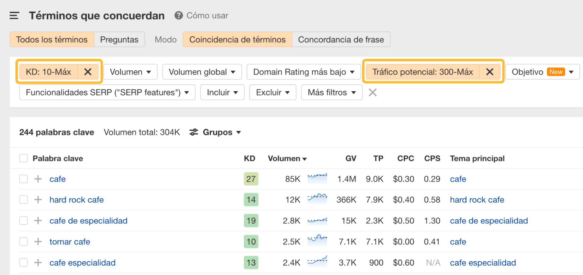 KD y TP filtrados en el informe Términos que concuerdan, en el Keywords Explorer de Ahrefs.
