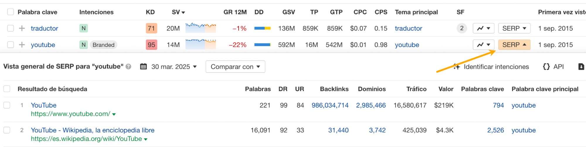 Vision general de las SERP en Keywords Explorer.