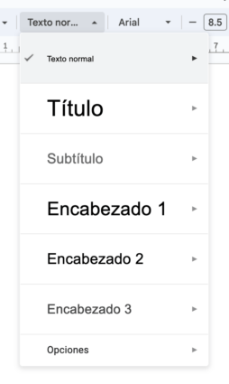 El menú desplegable "Estilos" de Google Docs.