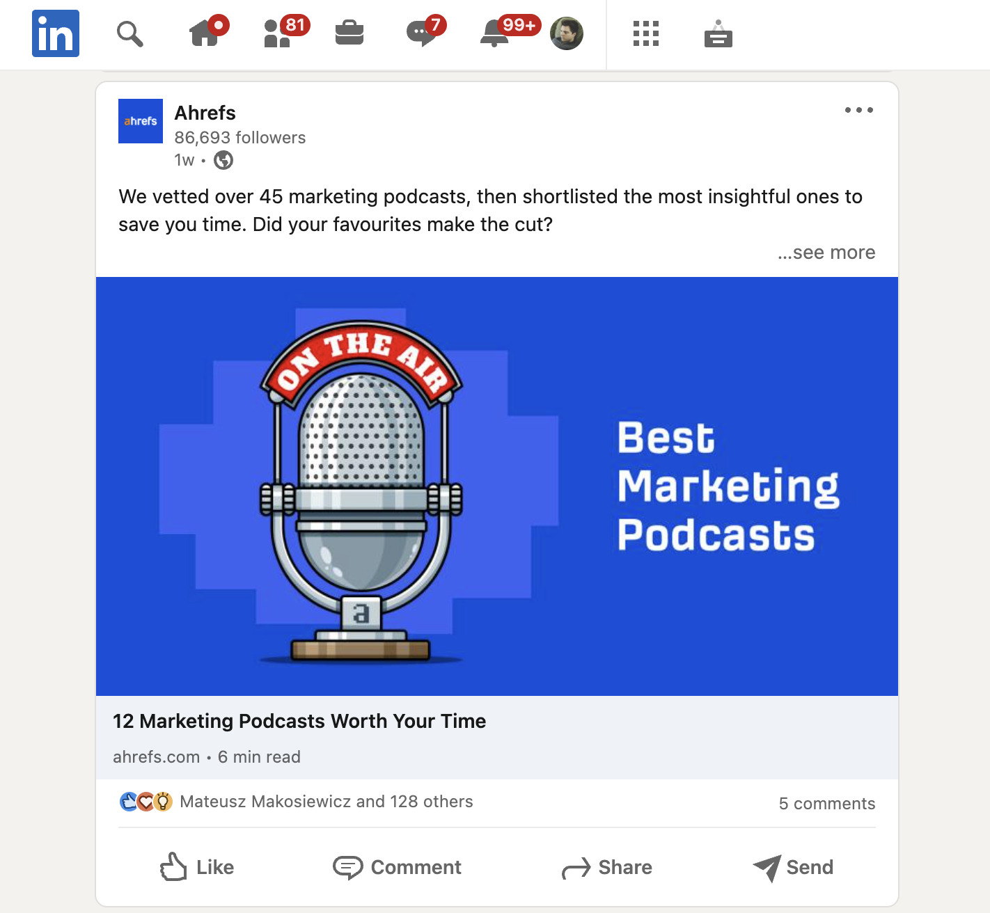 Artículo "Los mejores podcasts de marketing" compartido en Linkedin.
