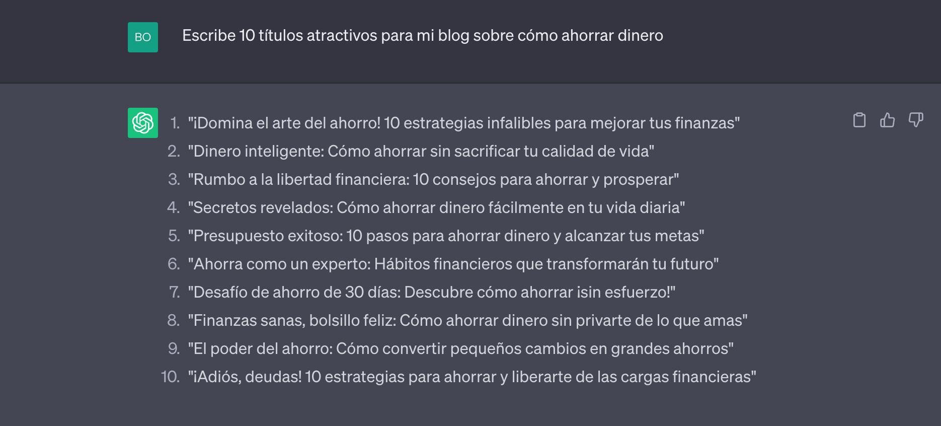 Respuestas de titulares atractivo para un post de blog, a través de ChatGPT.