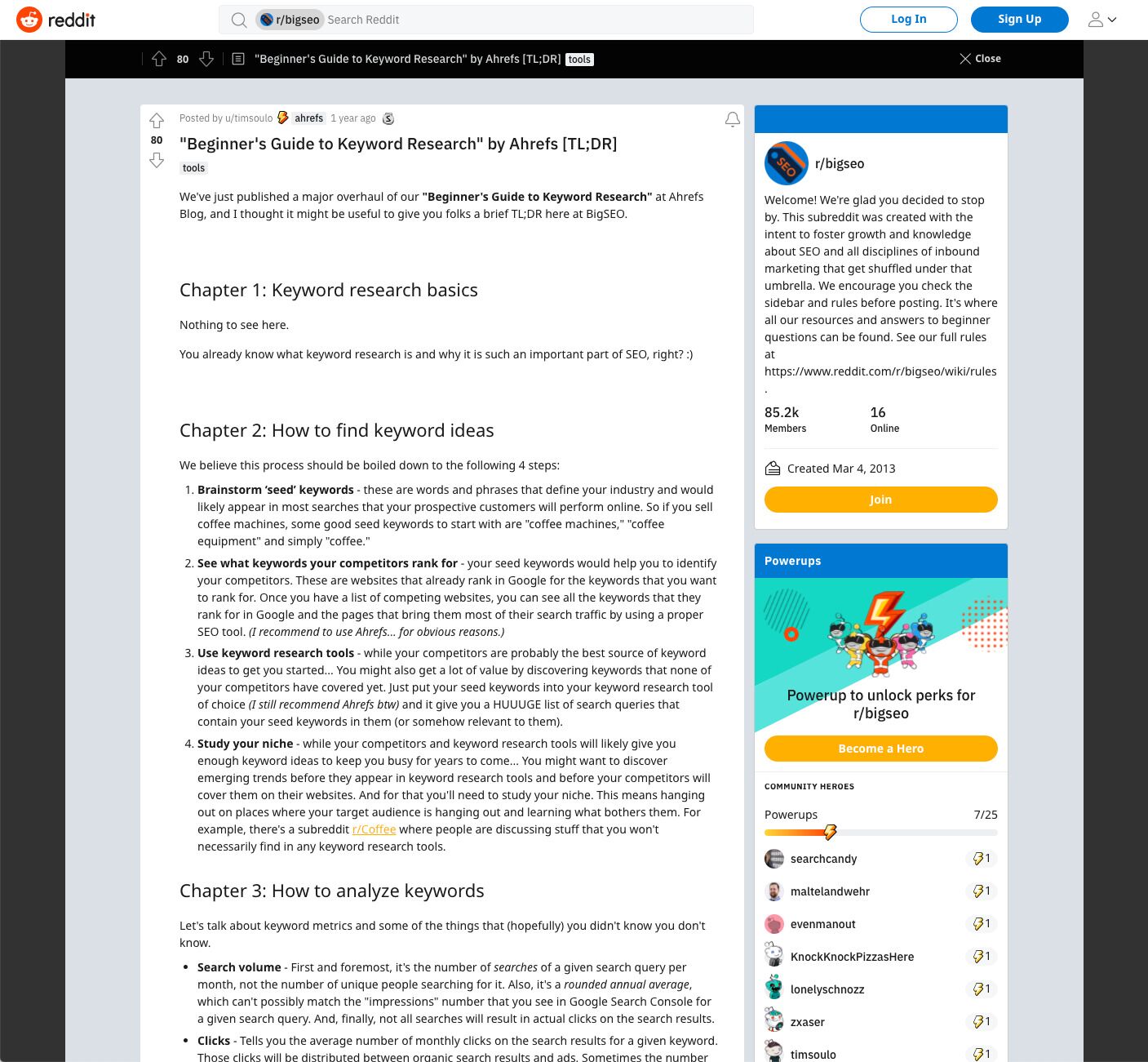 Guía de búsqueda de palabras clave de Tim compartida en el subreddit /r/bigSEO.