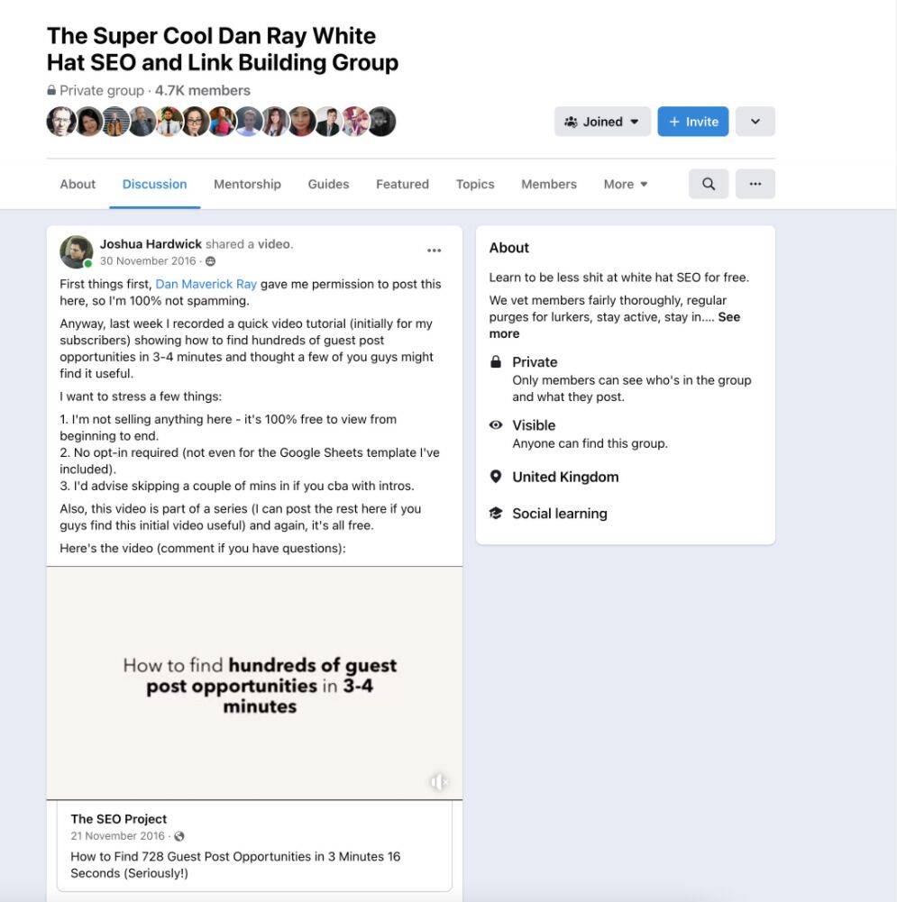 Vídeo de Josh sobre la búsqueda de oportunidades para publicar como invitado compartido en un grupo de Facebook.