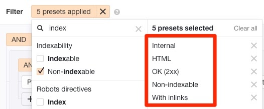 Data explorer presets en el Site Audit de Ahrefs.