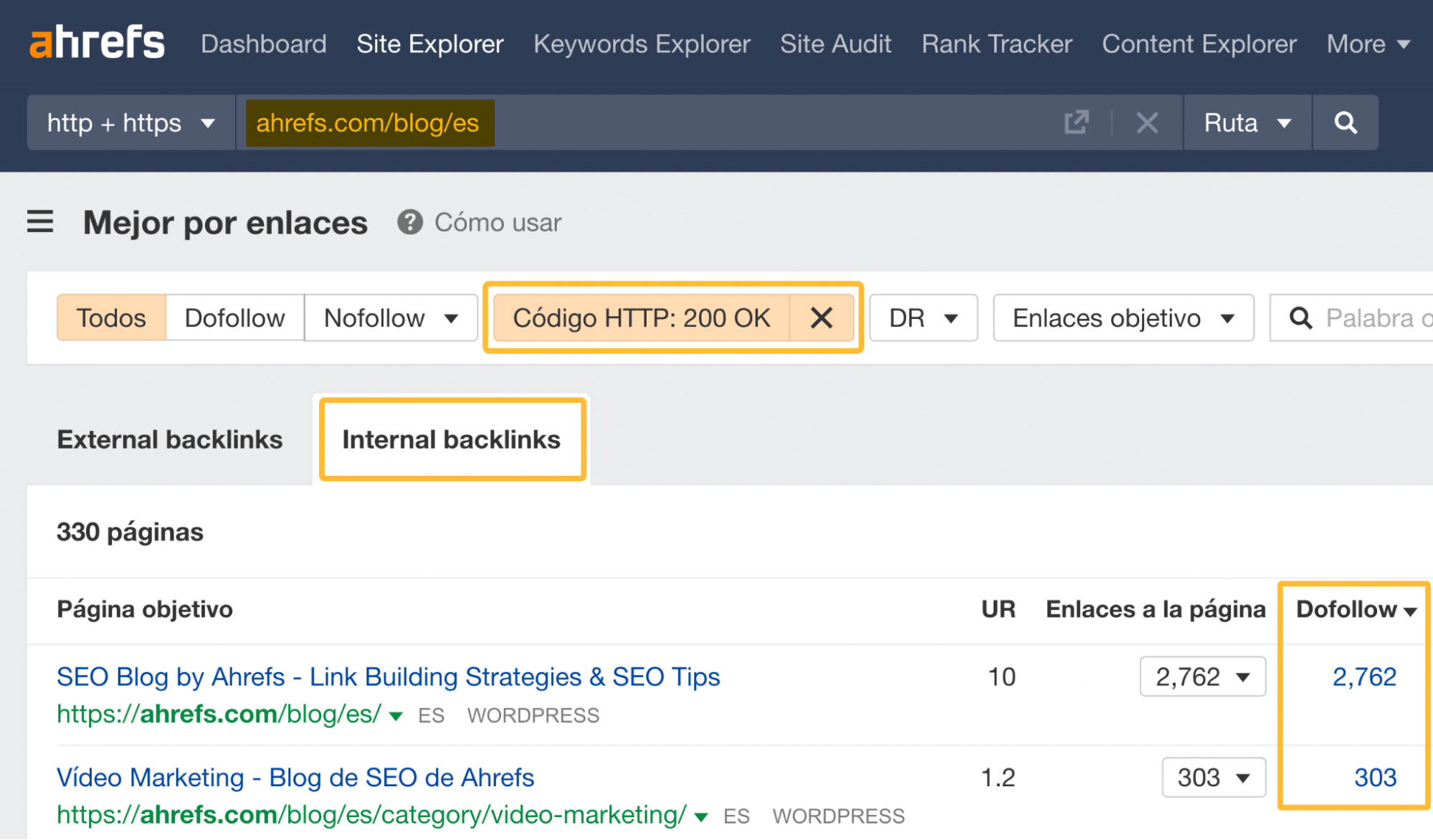 Filtrando códigos HTTP 200 OK ordenados por “dofollow” en el Site Explorer de Ahrefs.