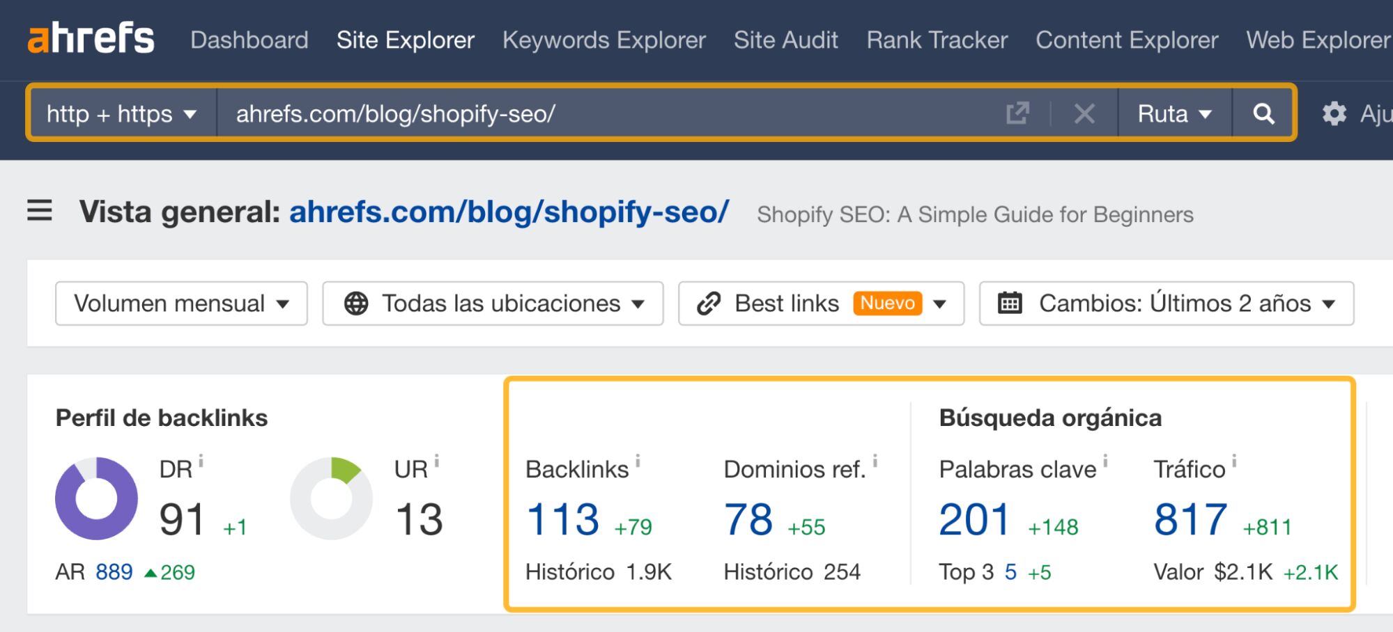 Consultar el rendimiento orgánico de una sola página en Site Explorer.