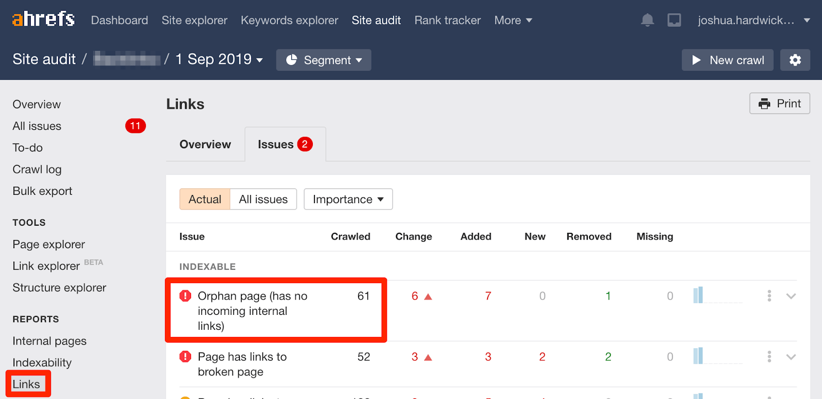Páginas huérfanas en el Site Audit de Ahrefs.