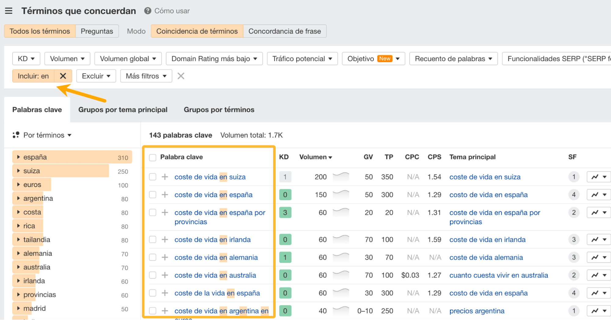 Búsqueda de términos que concuerdan usando el modificador de palabra clave "en"