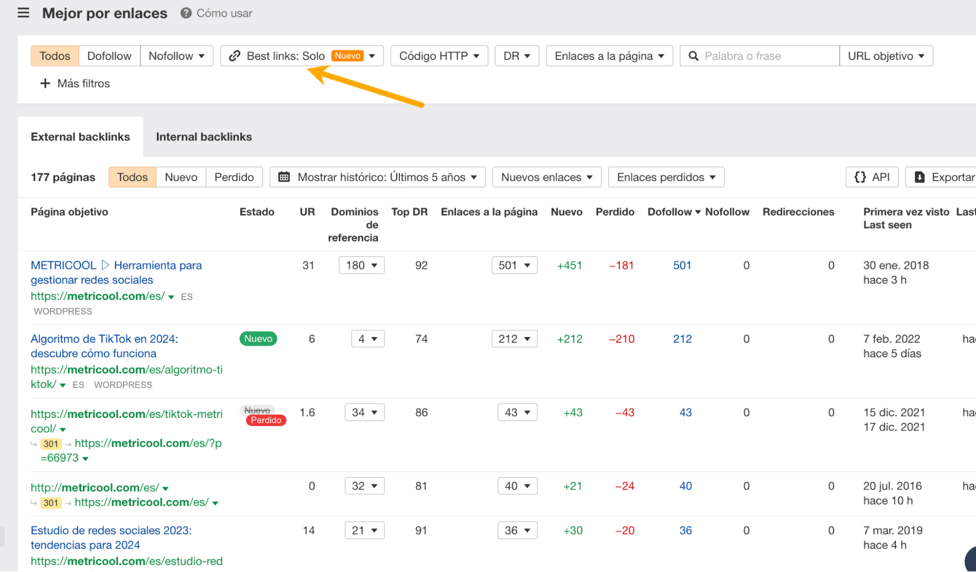 Informe de "Mejor por enlaces" en Ahrefs