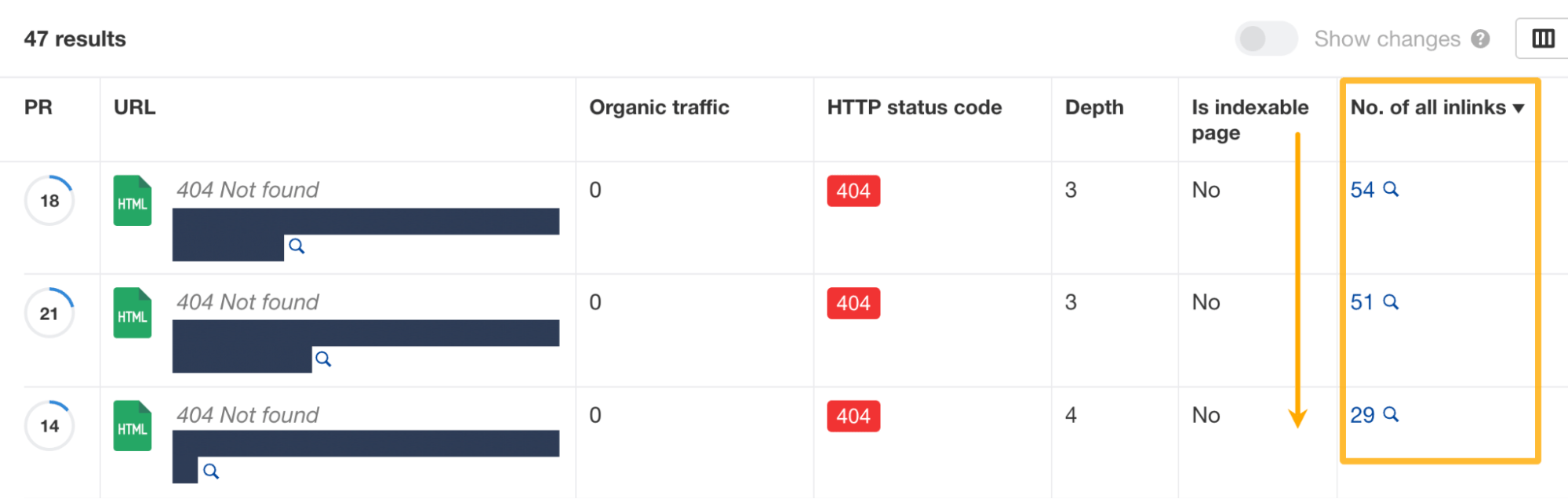 Ordenando de mayor a menor los 4xx con más enlaces en el Site Audit de Ahrefs.