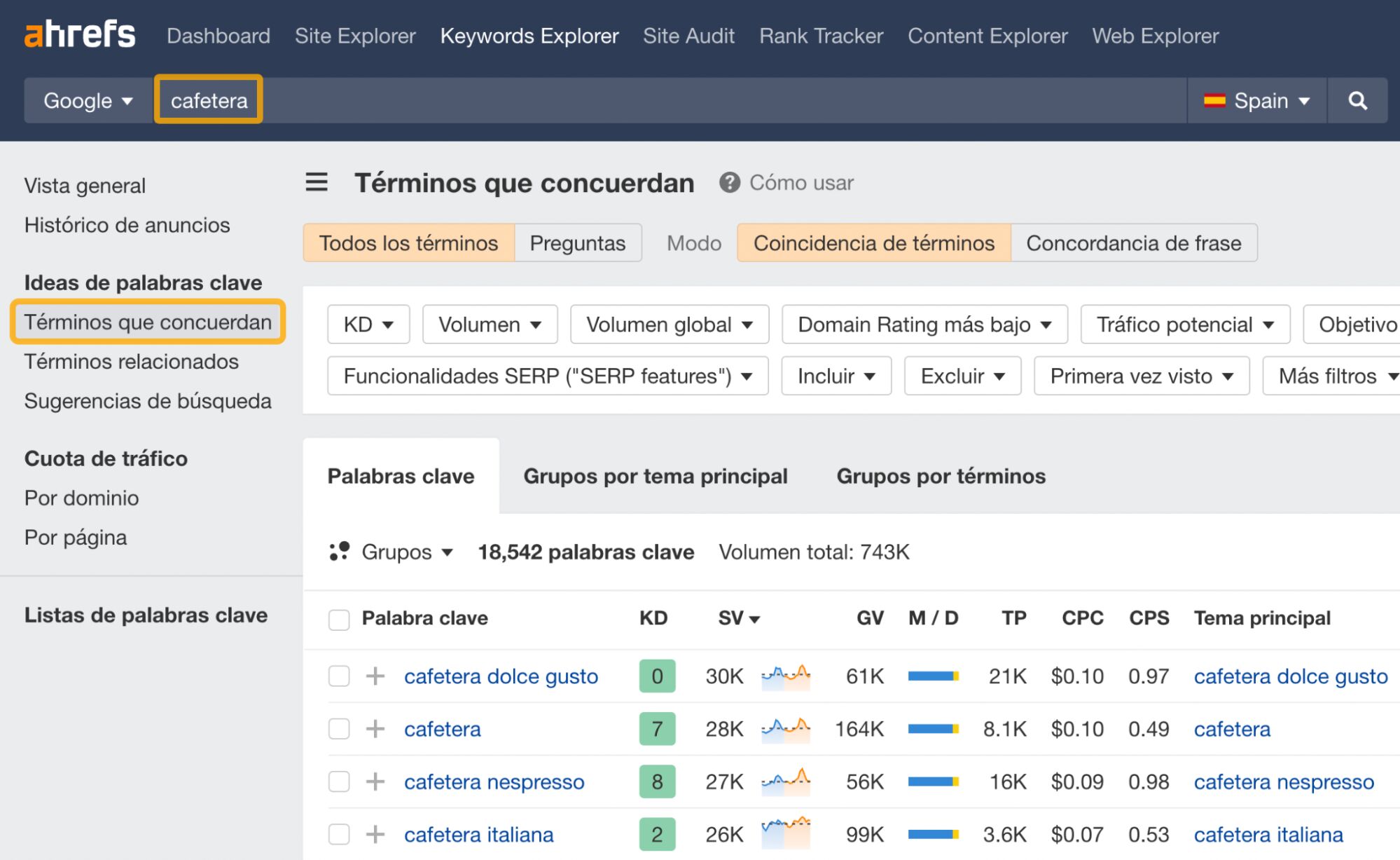 Informe de Términos que concuerdan de Site Explorer de Ahrefs. 
