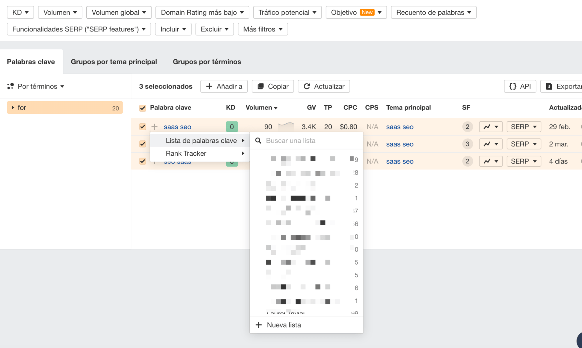 Añadiendo palabras clave a listas en Ahrefs