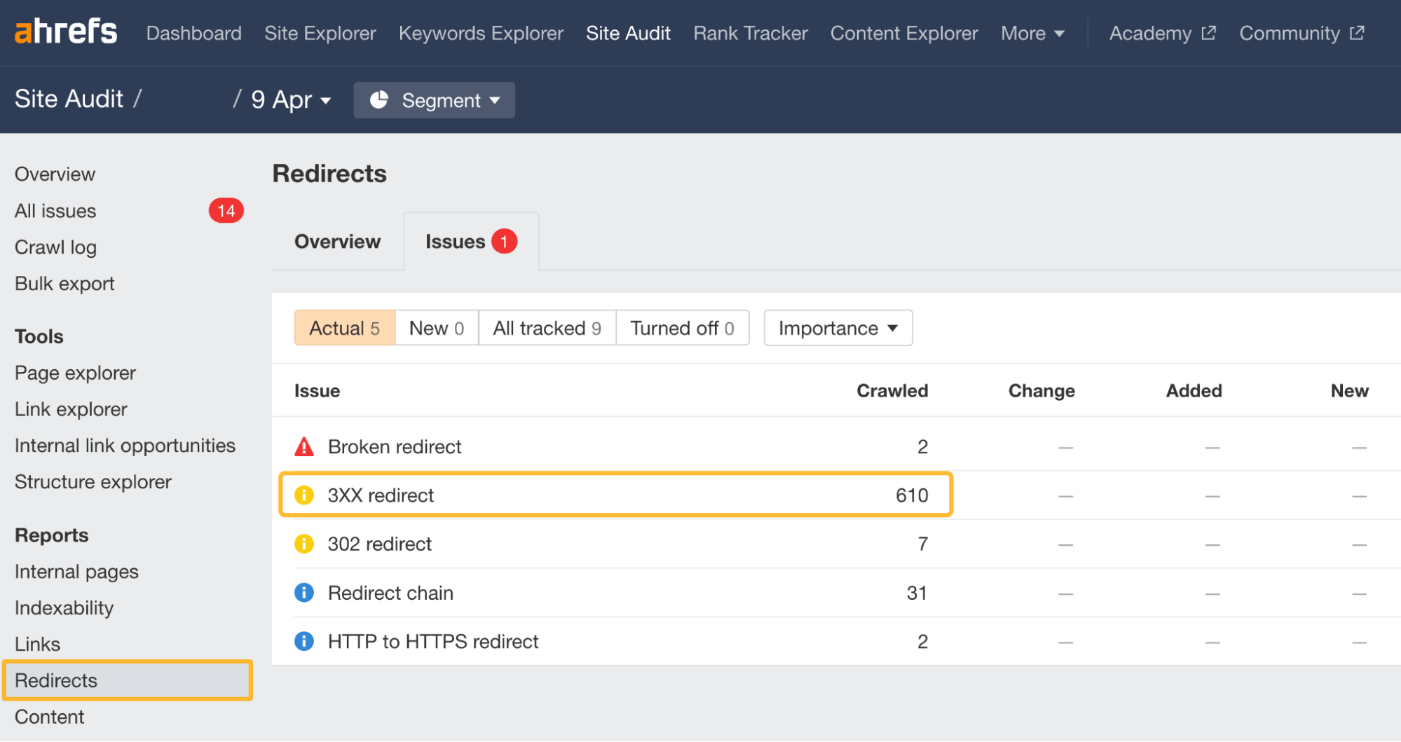  Redirecciones 3XX en el Site Audit de Ahrefs.