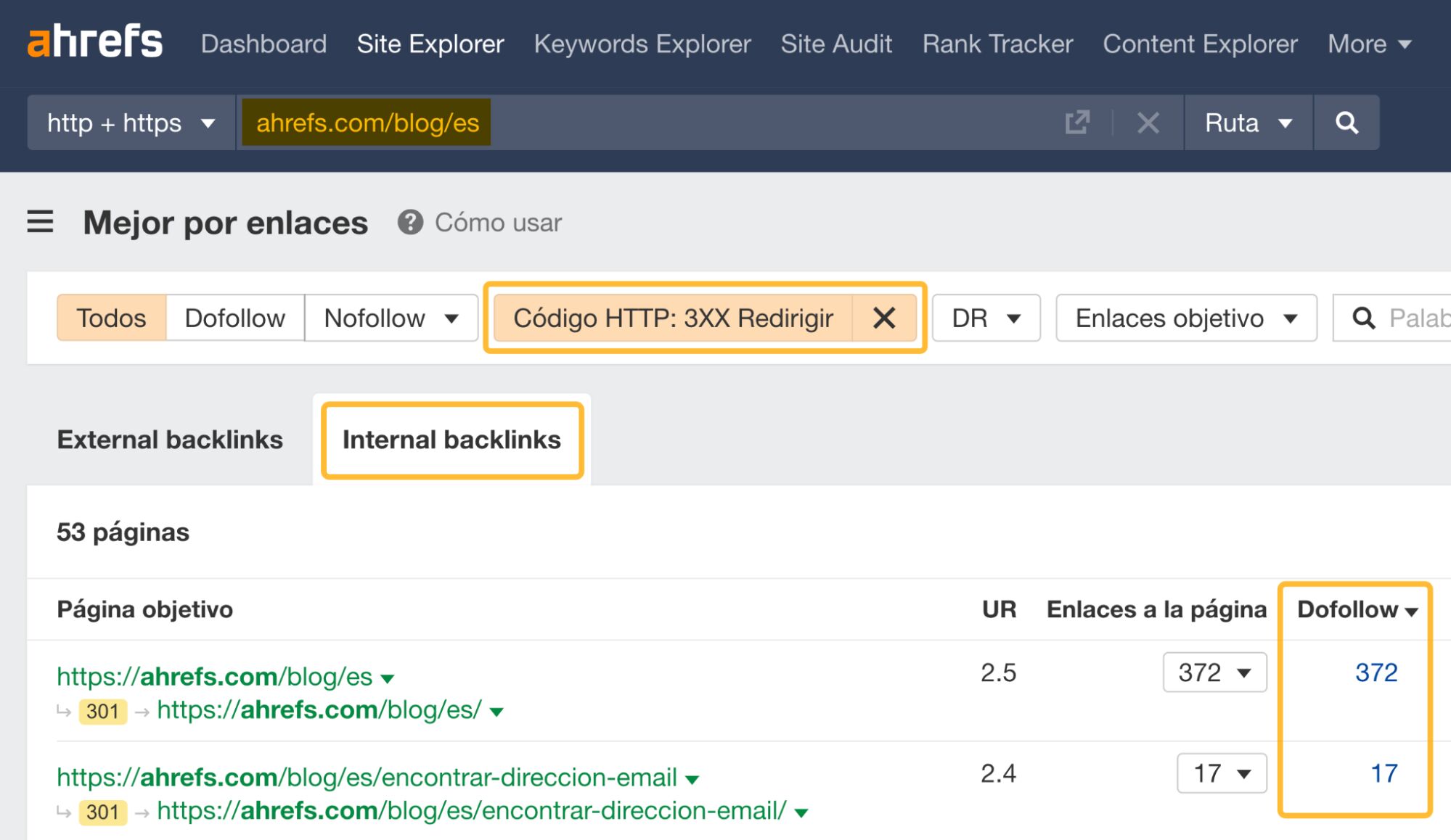 Filtrando códigos HTTP 3XX ordenados por “dofollow” en el Site Explorer de Ahrefs.