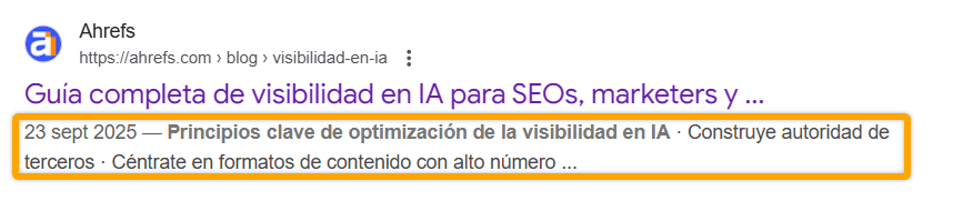 Ejemplo de meta descripción en una SERP