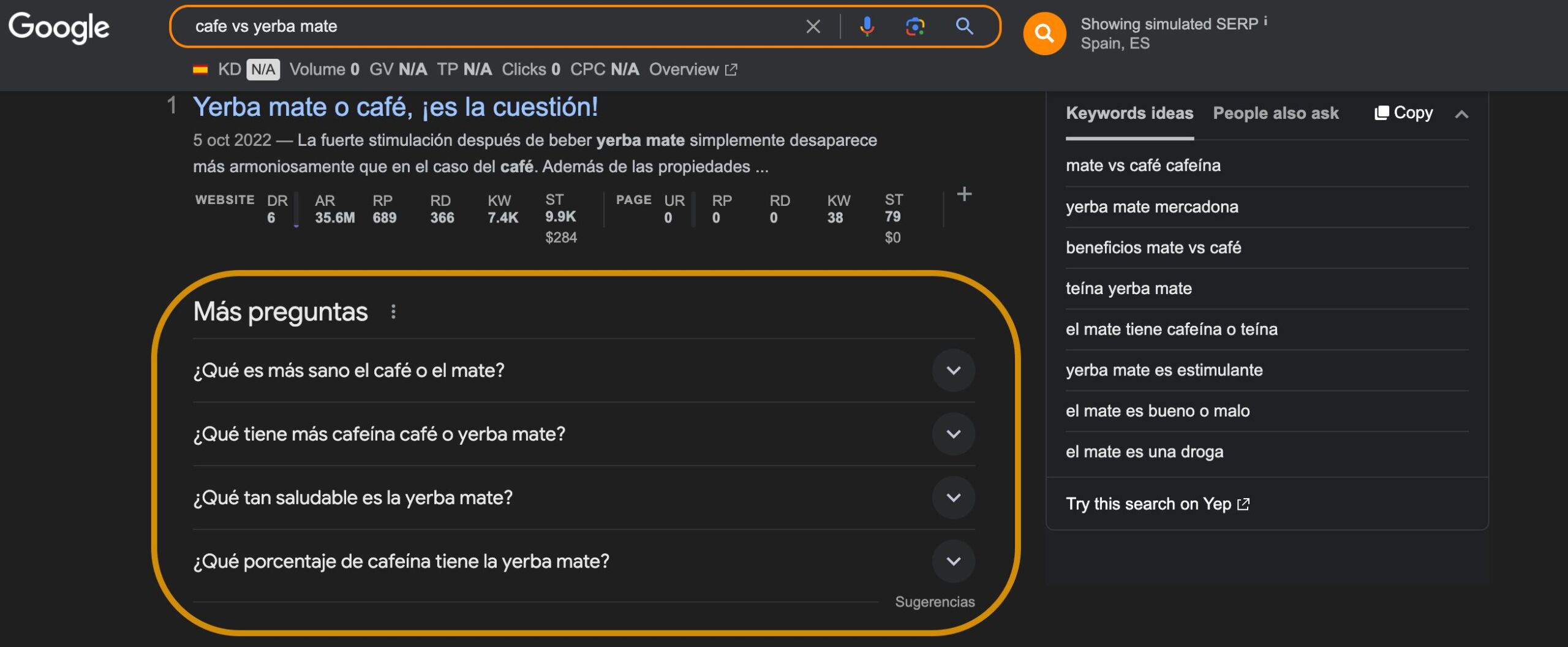 Toolbar de Ahrefs. Sugerencias de búsqueda. People Also Ask.