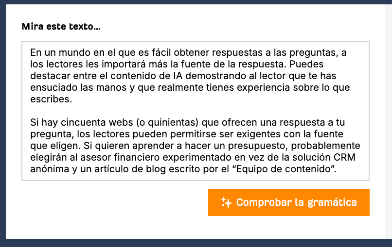 Sugerencias de cambio en el corrector gramatical con IA de Ahrefs