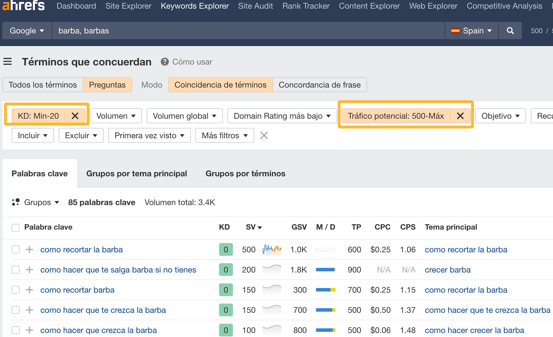 Palabras clave de tráfico elevado y baja competencia, en Ahrefs