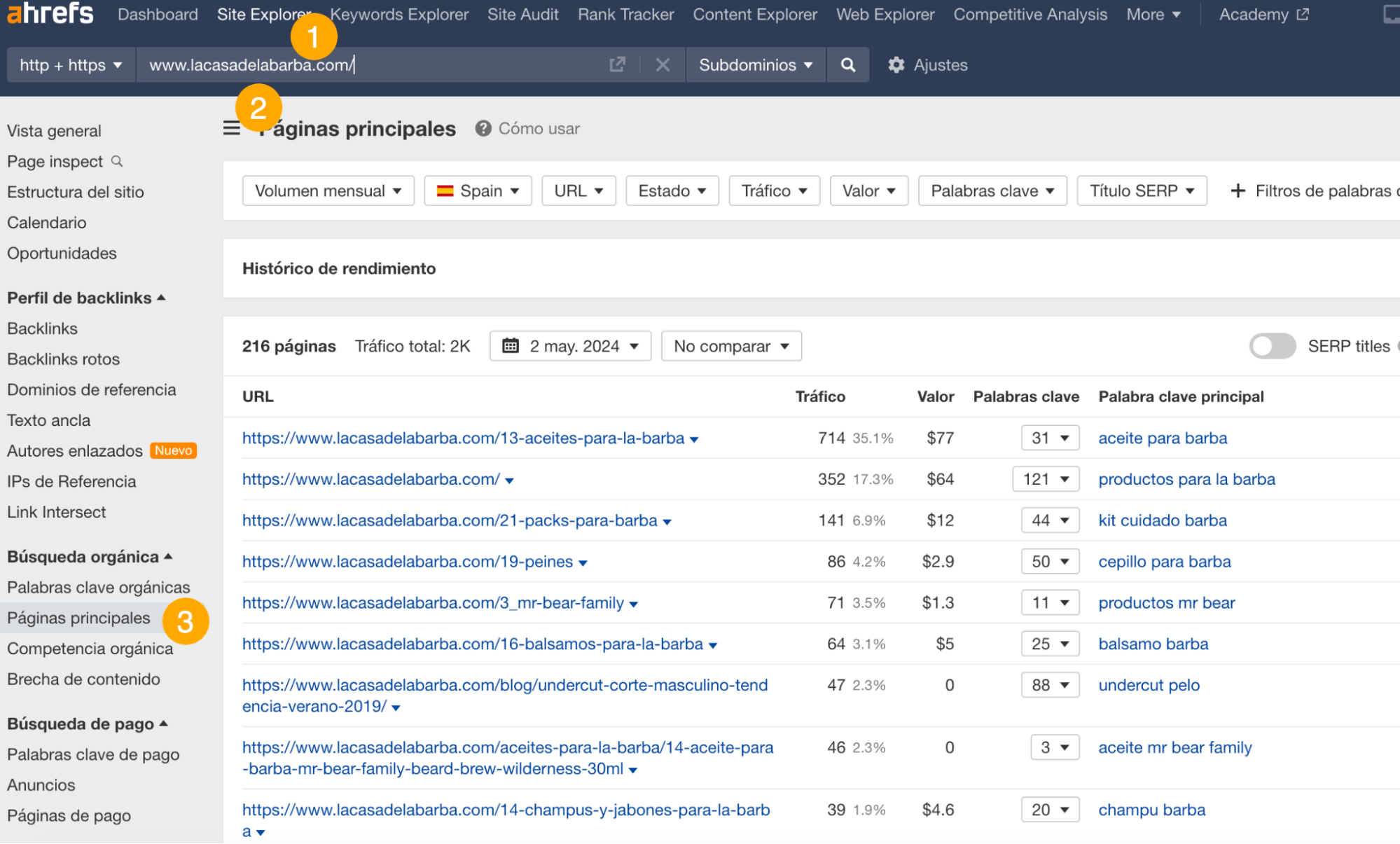 Informe de Páginas principales en Site Explorer de Ahrefs 