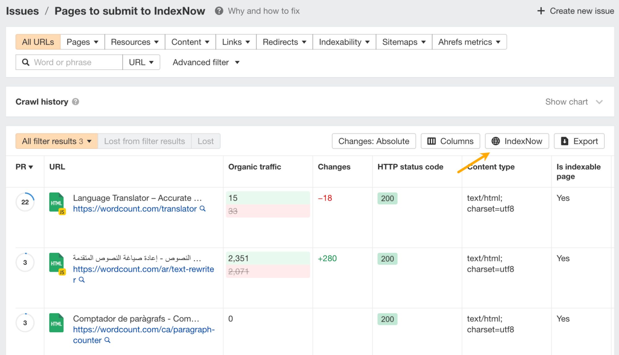 Crawl history en Site Audit