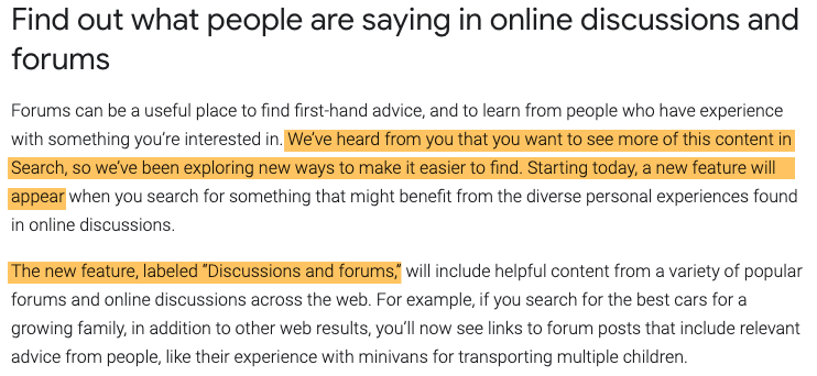 Anuncio de Google sobre el lanzamiento de la función de foros y debates en las SERP en 2022.