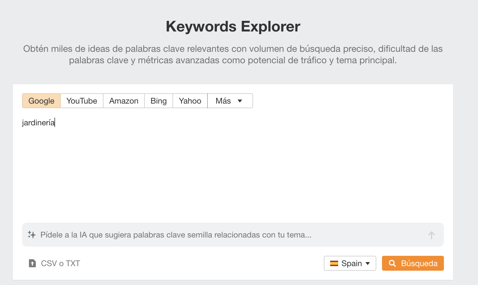 Ejemplo de introducción de una palabra clave en Keywords Explorer de Ahrefs.