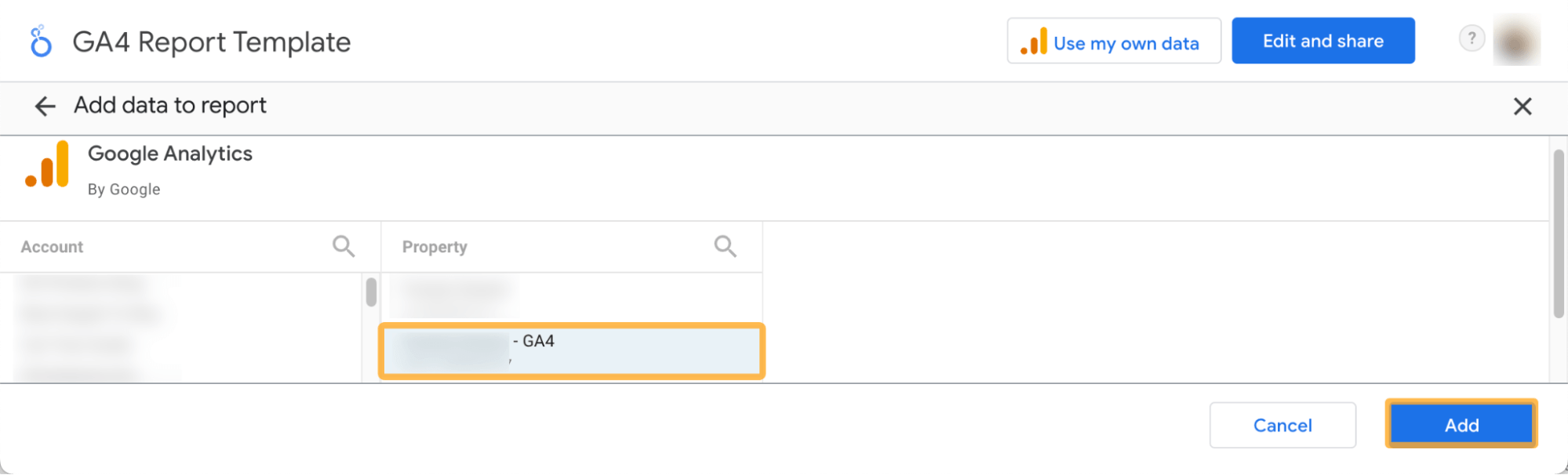 Selecciona tu sitio en la plantilla de GA4.