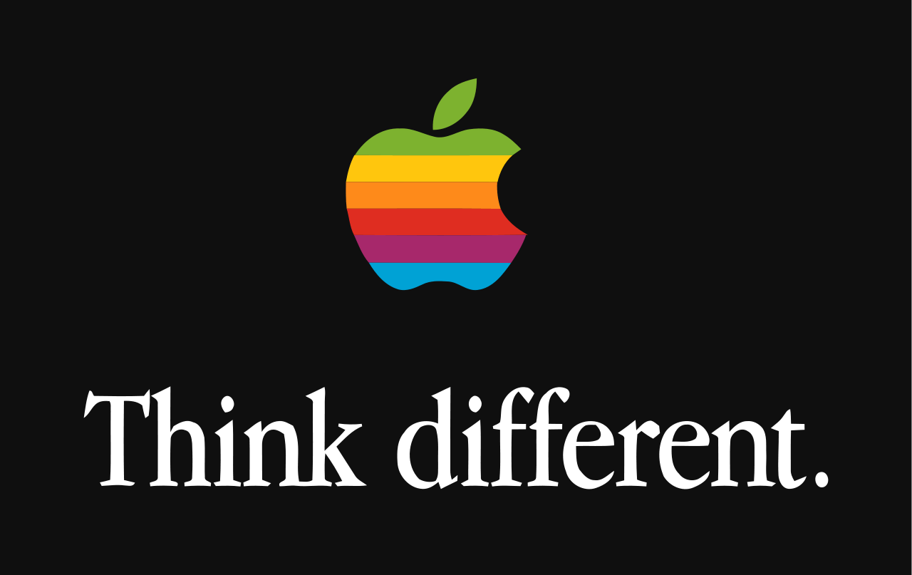 Colorido logotipo de Apple con las palabras «think different» (piensa diferente)