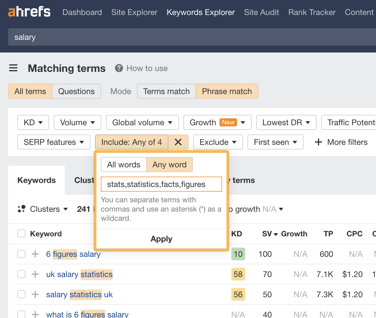 Informe de Términos que concuerdan de Keywords Explorer de Ahrefs.
