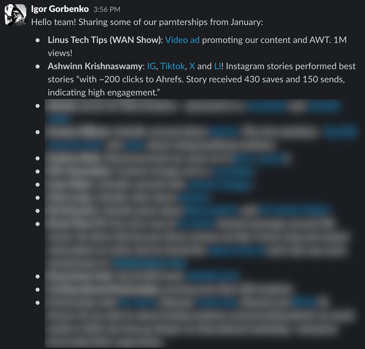Screenshots de una conversación sobre resultados de campaña de patrocinio a creadores de contenido