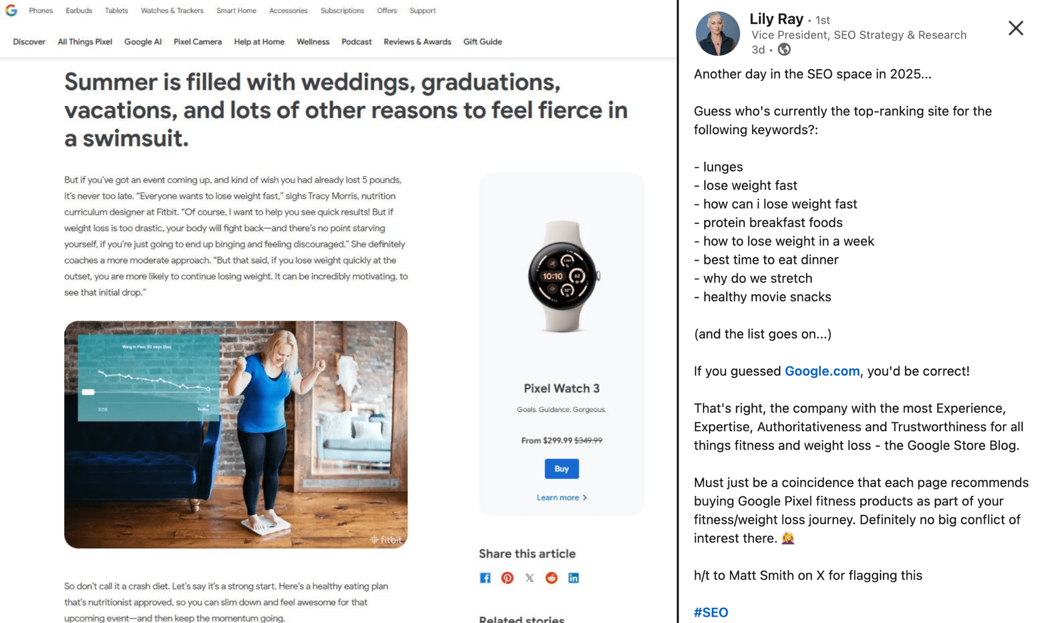 Una publicación de LinkedIn de Lily Ray muestra un anuncio de Google promocionando el Pixel Watch 3, demostrando que Google es el sitio mejor posicionado para palabras clave competitivas como perder peso rápido, cómo puedo perder peso rápido y demás.