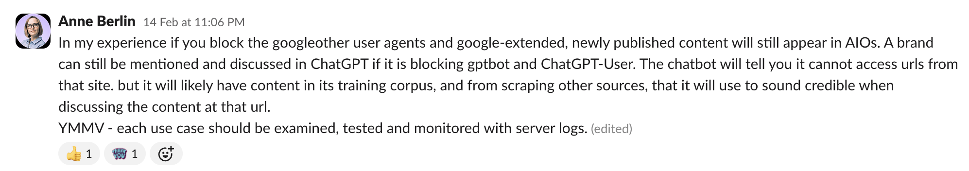 Publicación de LinkedIn de Anne Berlin, que analiza cómo los agentes de usuario de Google bloqueados aún pueden tener contenido que aparece en plataformas de IA, con comentarios sobre el rastreo web y la indexación de contenido.
