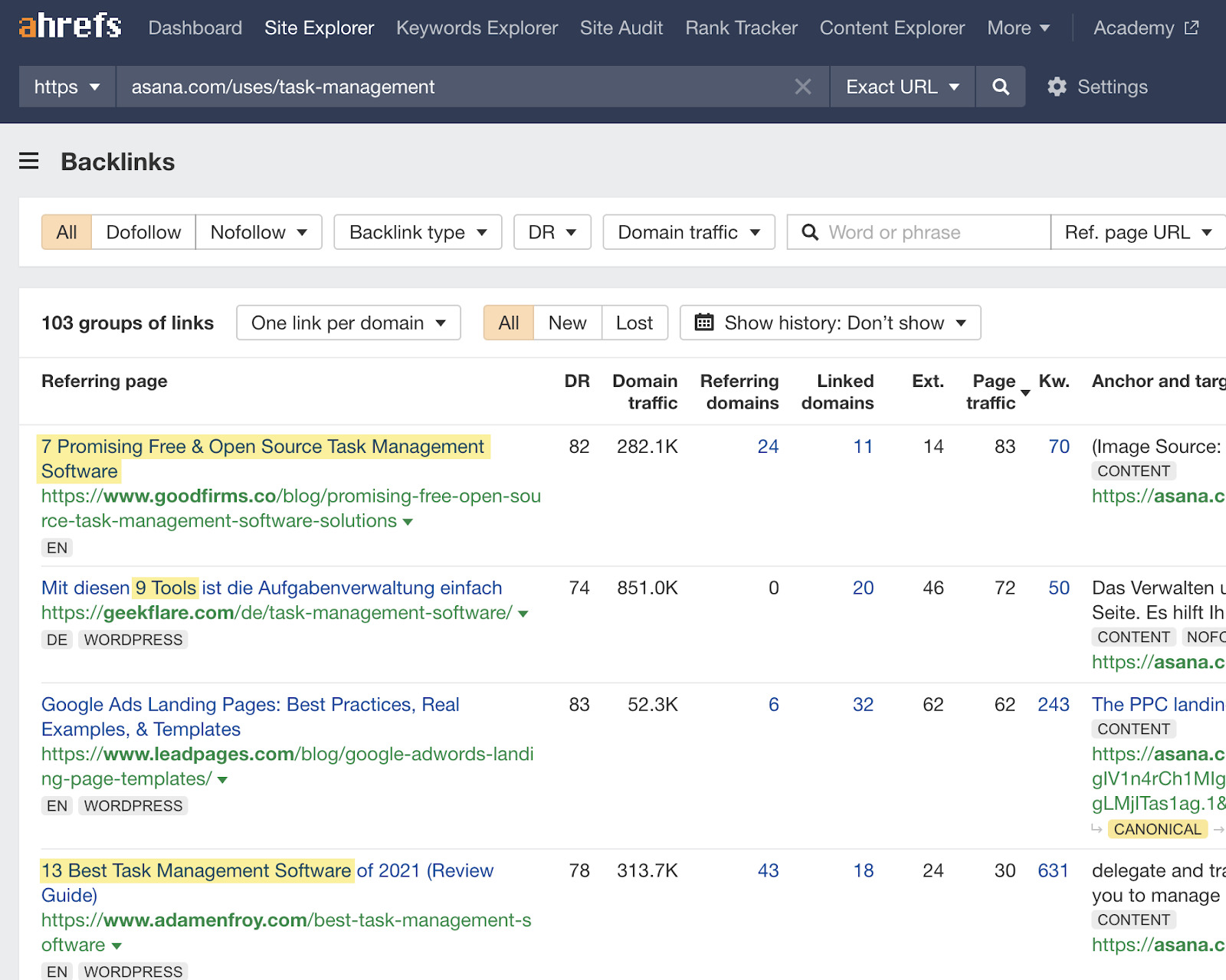Informe de Enlaces de Site Explorer de Ahrefs.