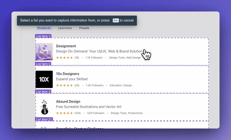 Un GIF que muestra la interfaz de scraper de apuntar y hacer clic de Browse AI.