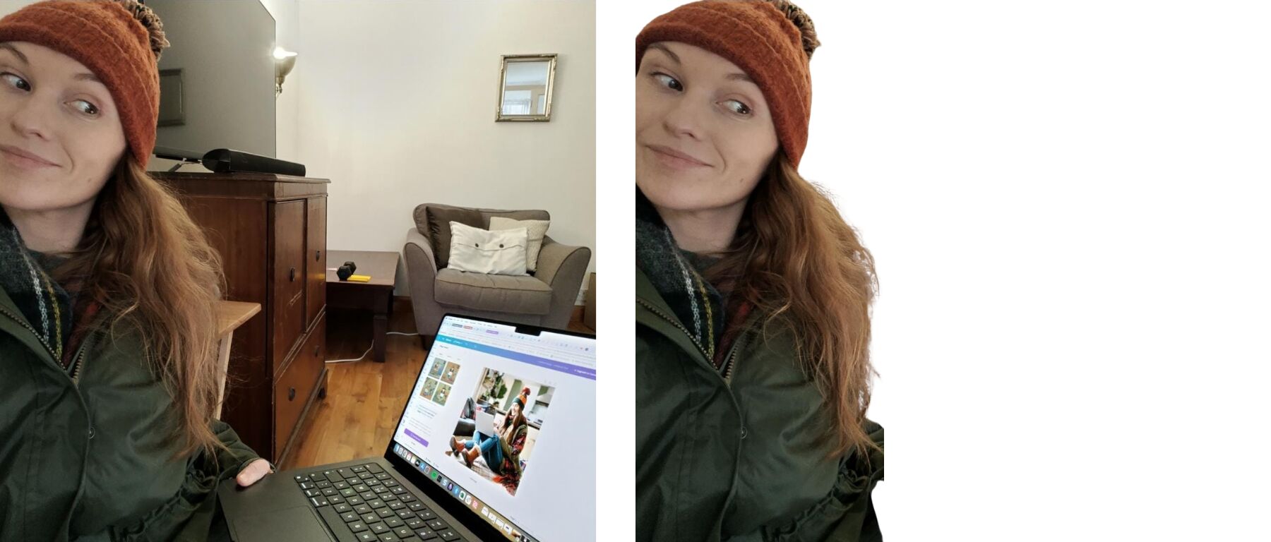 Un ejemplo de antes y después de la herramienta de eliminación de fondos con IA de Canva.