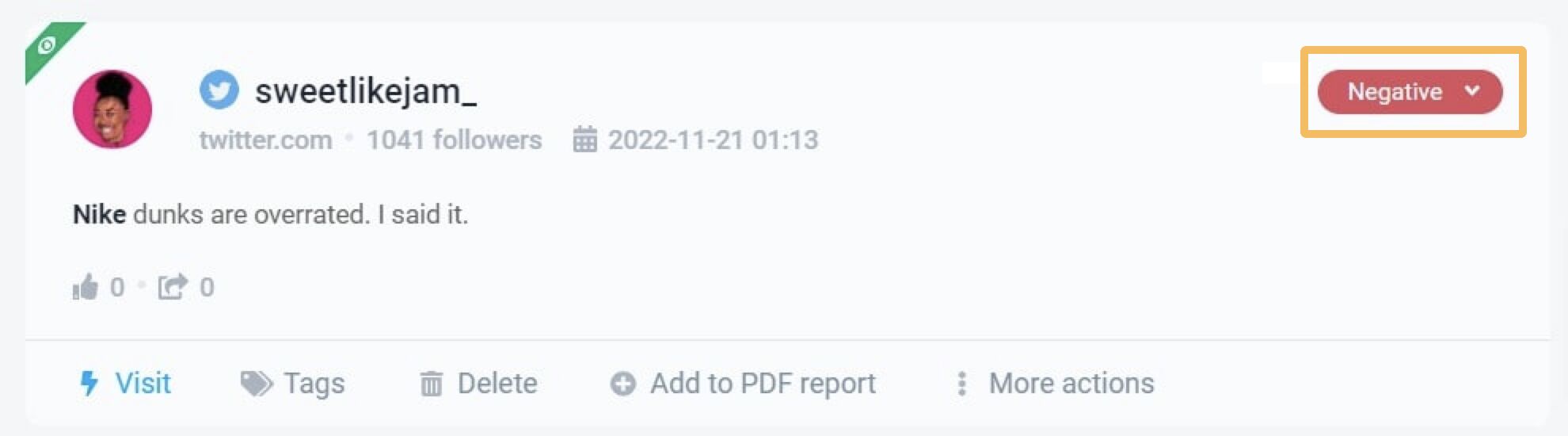 Ejemplo de sentimiento negativo, vía Brandwatch.