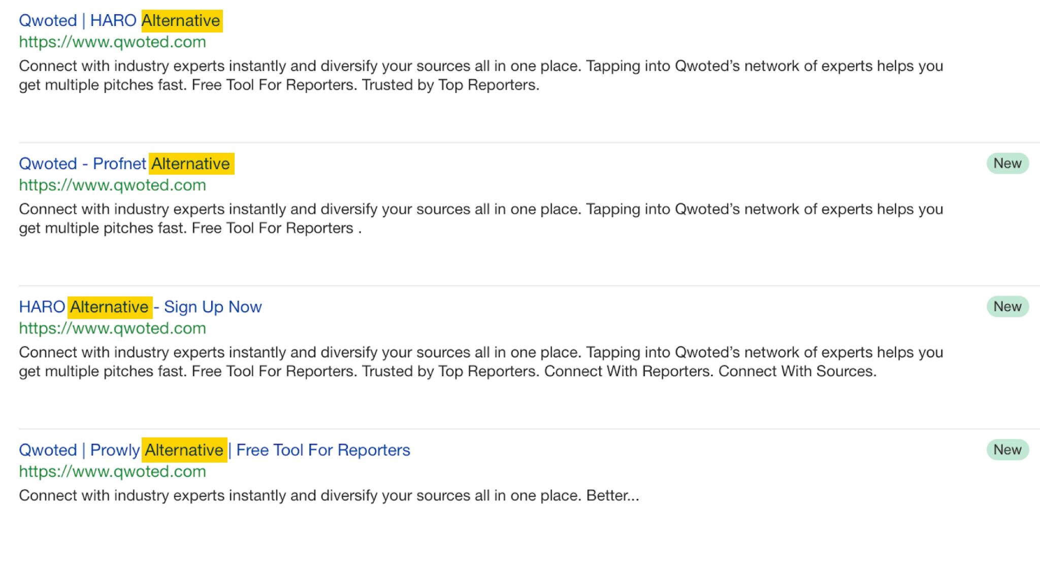 Ejemplo de puja Qwoted por palabras clave alternativas.
