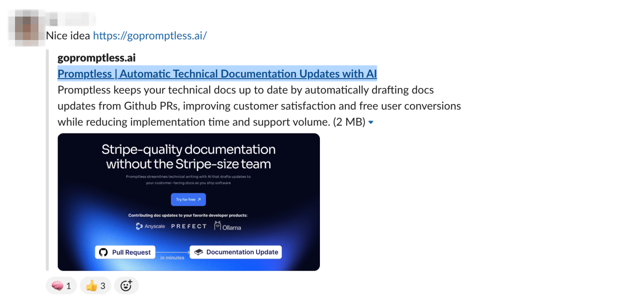 Un mensaje de un empleado de Ahrefs que comparte el sitio web gopromptless.ai, que ofrece actualizaciones automáticas de documentación técnica utilizando IA. La vista previa del sitio web muestra cómo Promptless redacta automáticamente las actualizaciones de la documentación a partir de las pull requests de GitHub para mejorar la satisfacción del cliente y reducir las necesidades de soporte. La interfaz muestra "Documentación de calidad Stripe sin el equipo del tamaño de Stripe" y ha recibido una reacción de corazón y tres pulgares hacia arriba.
