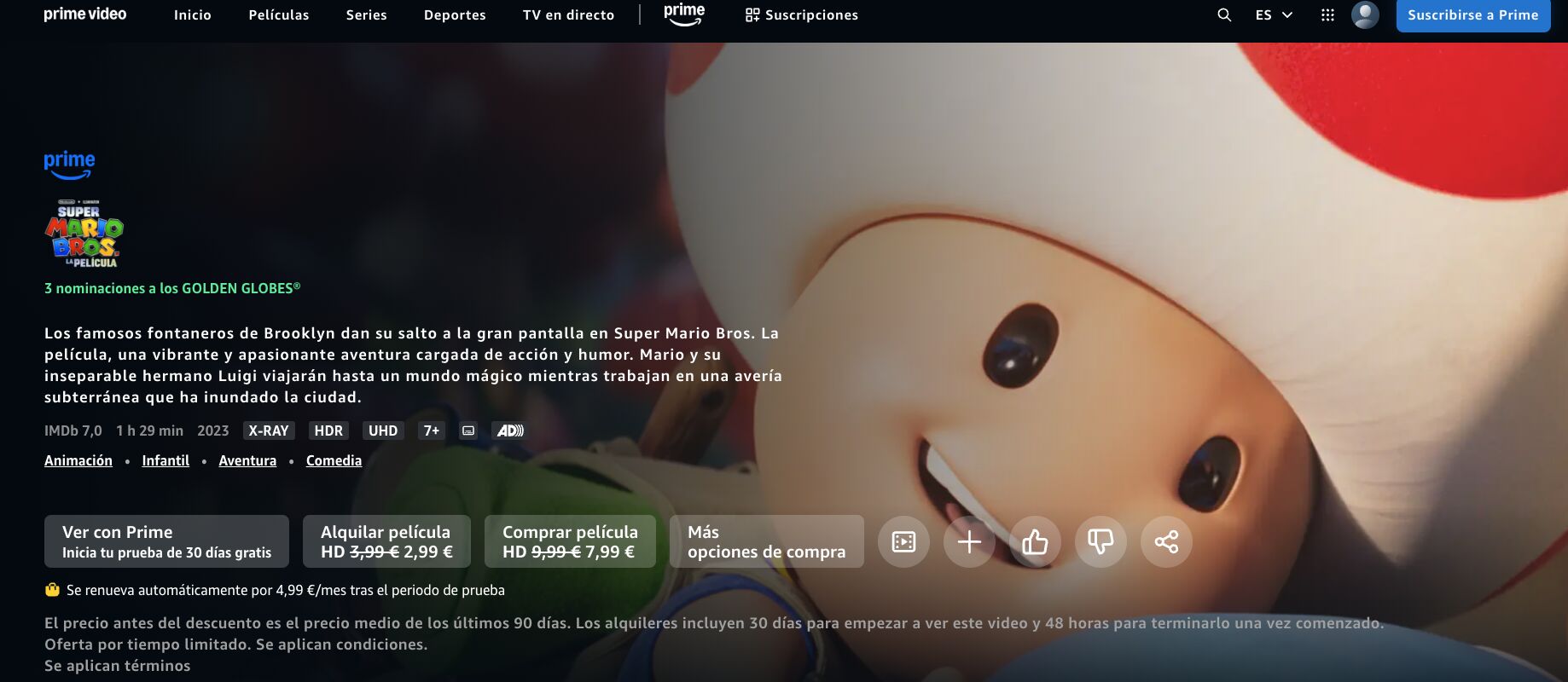 CTAs en la página de Prime Video