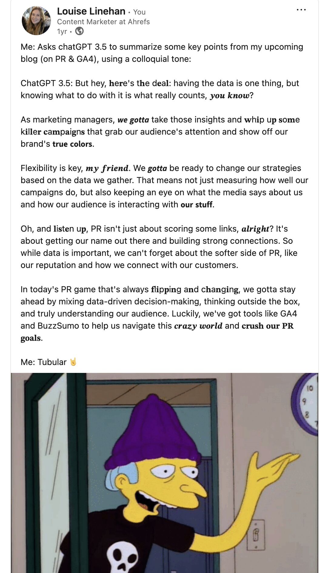 Louise Linehan Publicación en LinkedIn que demuestra el fracaso de chatGPT a la hora de reproducir un tono o estilo específico, por ejemplo, el tono coloquial.