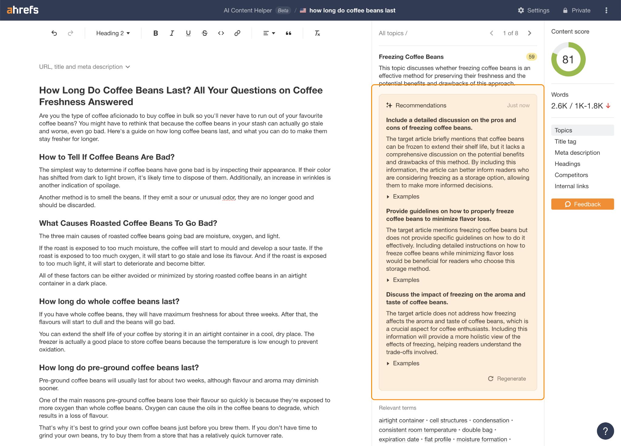 Una captura de pantalla del AI Content Helper de Ahrefs que muestra recomendaciones de subtemas en torno al tema principal «¿Cuánto duran los granos de café?».